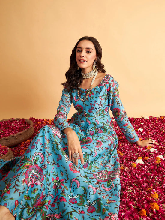 Women Blue Floral Round Neck Anarkali Maxi Dress