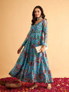 Women Blue Floral Round Neck Anarkali Maxi Dress