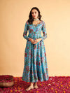 Women Blue Floral Round Neck Anarkali Maxi Dress