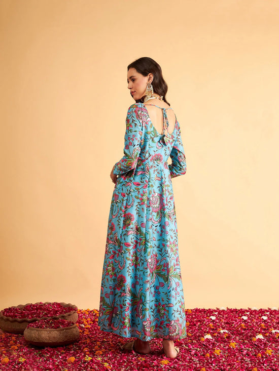 Women Blue Floral Round Neck Anarkali Maxi Dress