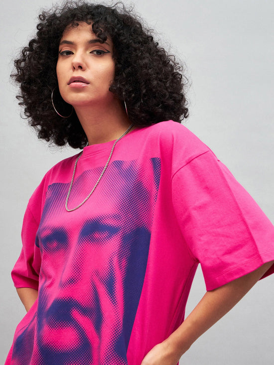 Women Barbie Pink Photographic Print Oversized T-Shirt