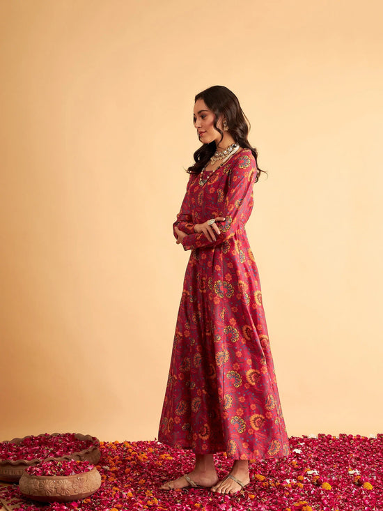 Women Fuchsia Floral Round Neck Anarkali Maxi Dress