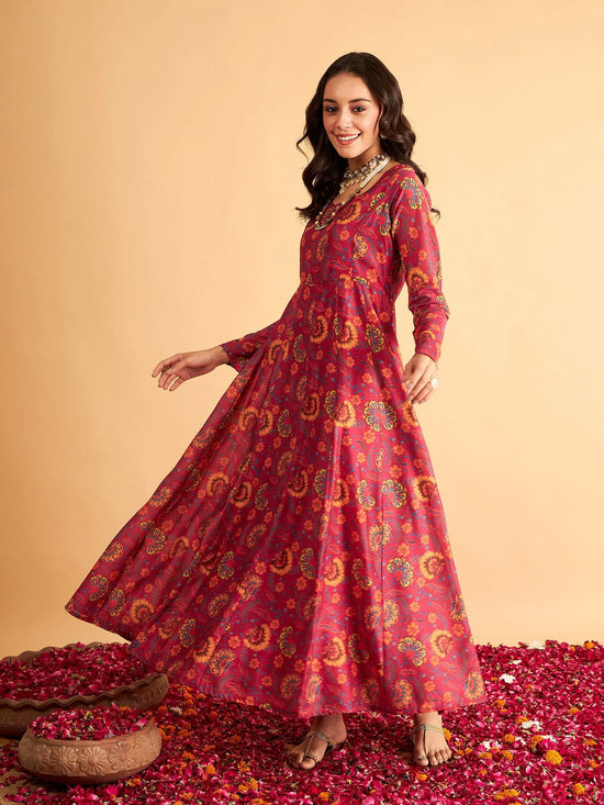 Women Fuchsia Floral Round Neck Anarkali Maxi Dress