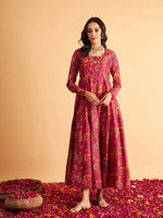 Women Fuchsia Floral Round Neck Anarkali Maxi Dress