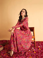 Women Fuchsia Floral Round Neck Anarkali Maxi Dress