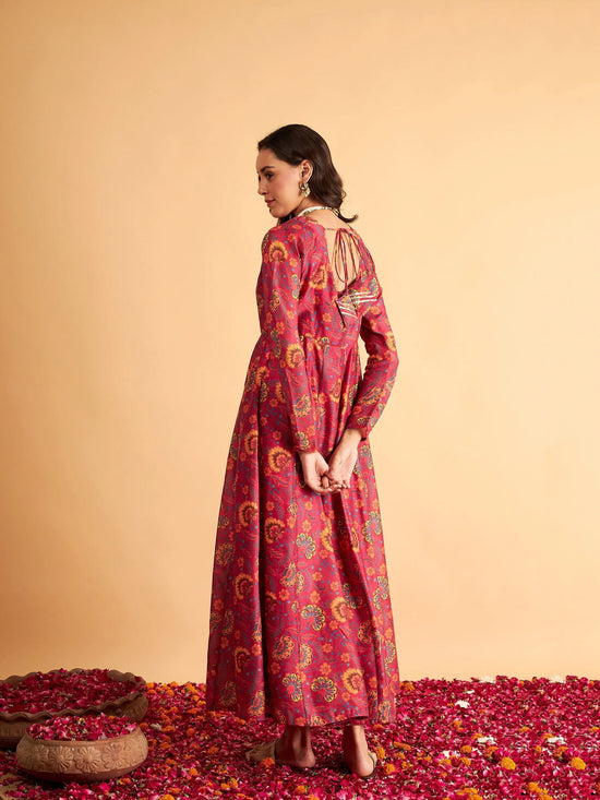 Women Fuchsia Floral Round Neck Anarkali Maxi Dress