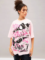 Women Pastel Pink Abstract Print Oversized T-Shirt