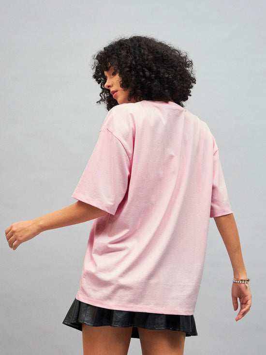 Women Pastel Pink Photographic Print Oversized T-Shirt