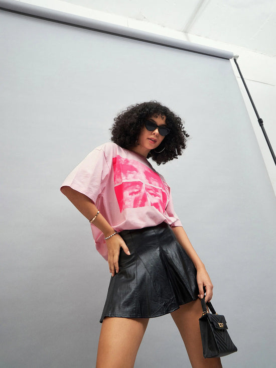 Women Pastel Pink Photographic Print Oversized T-Shirt