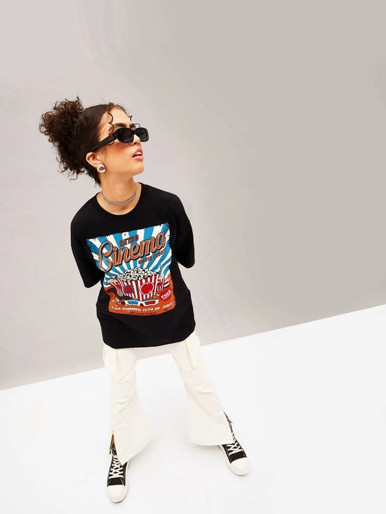 Women Black Retro Cinema Oversized T-Shirt