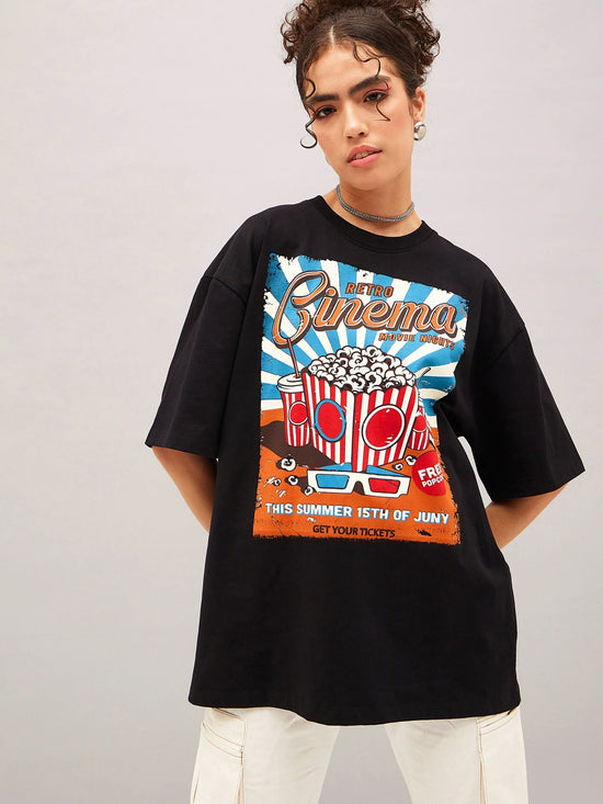 Women Black Retro Cinema Oversized T-Shirt