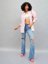 Women Pink & White Cotton Striped Oversized Shirt