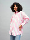 Women Pink & White Cotton Striped Oversized Shirt