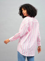 Women Pink & White Cotton Striped Oversized Shirt