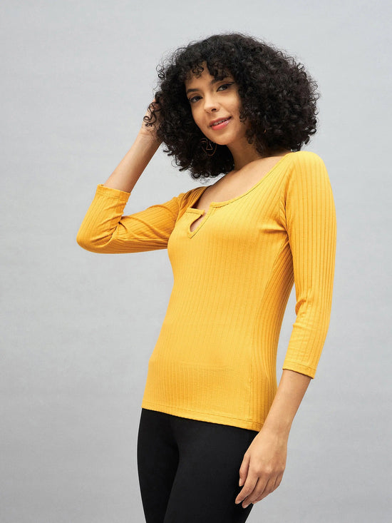 Women Yellow Rib V-Neck Top