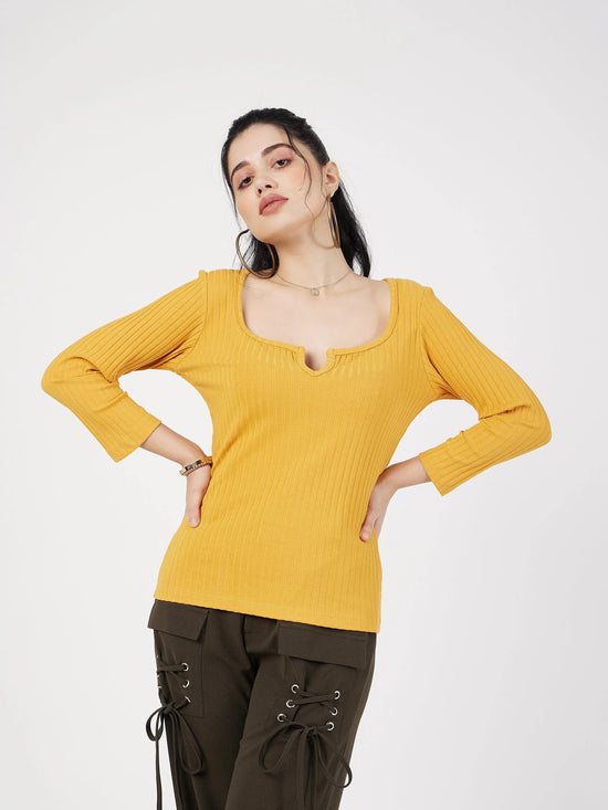 Women Yellow Rib V-Neck Top