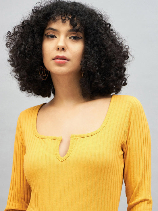 Women Yellow Rib V-Neck Top