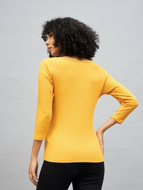 Women Yellow Rib V-Neck Top