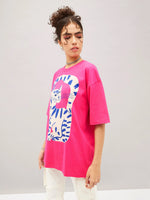 Women Barbie Pink Cat Print Oversized T-Shirt