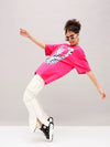 Women Barbie Pink Cat Print Oversized T-Shirt