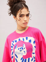 Women Barbie Pink Cat Print Oversized T-Shirt