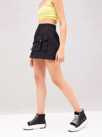 Women Black Front Zipper Parachute Mini Skirt