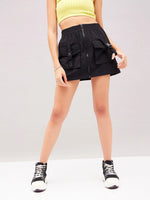 Women Black Front Zipper Parachute Mini Skirt