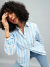 Women Blue & White Cotton Striped Oversized Shirt