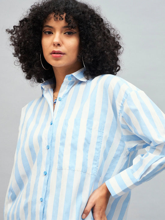 Women Blue & White Cotton Striped Oversized Shirt