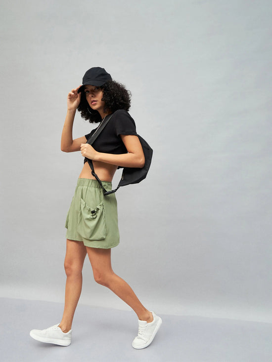 Women Olive Front Pouch Mini Skirt