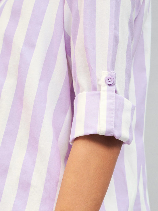 Women Purple & White Cotton Striped Regular Shirt