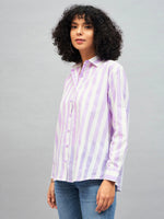 Women Purple & White Cotton Striped Regular Shirt