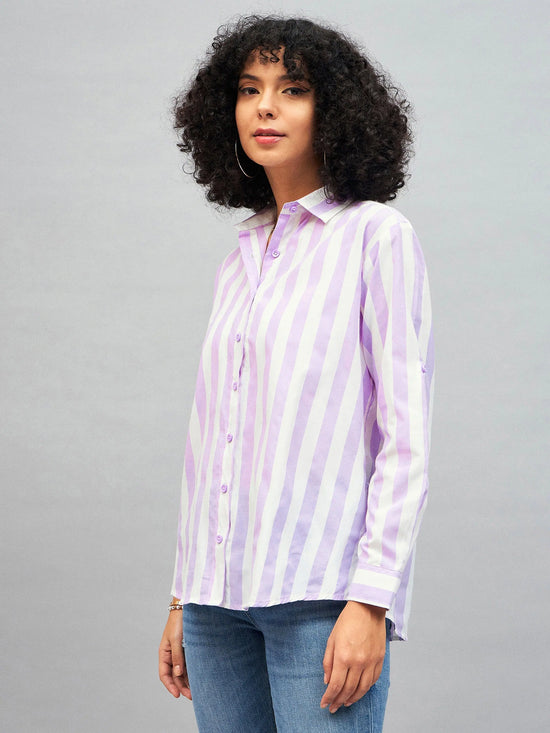 Women Purple & White Cotton Striped Regular Shirt