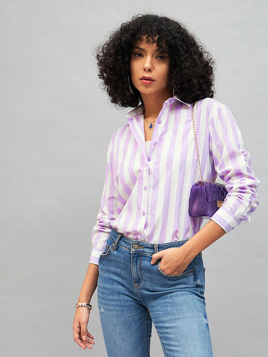 Women Purple & White Cotton Striped Regular Shirt