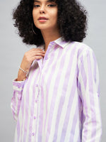 Women Purple & White Cotton Striped Regular Shirt