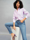 Women Purple & White Cotton Striped Regular Shirt