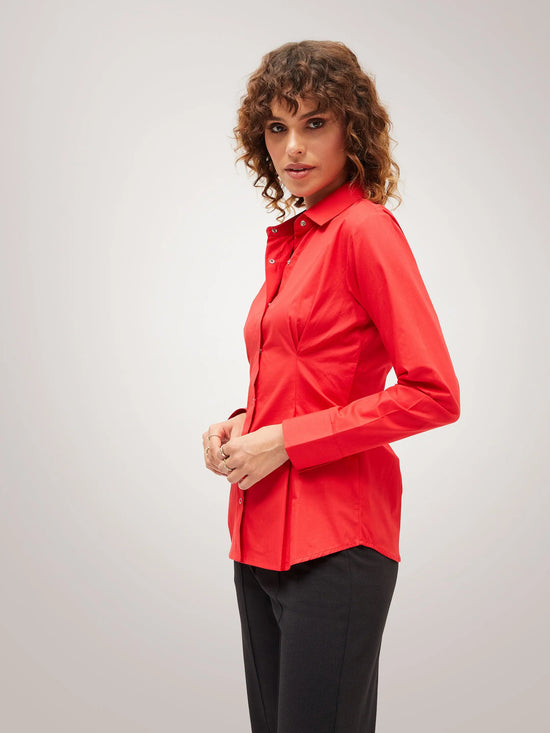 Women Red Poplin Pleated Fold Slim Waist Shirt