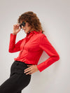 Women Red Poplin Pleated Fold Slim Waist Shirt