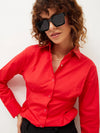 Women Red Poplin Pleated Fold Slim Waist Shirt