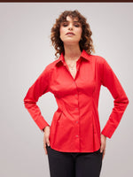 Women Red Poplin Pleated Fold Slim Waist Shirt