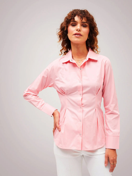 Women Pink Poplin Pleated Fold Slim Waist Shirt