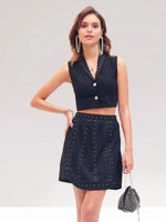 Women Black Studded Shawl Collar Crop Top With Mini Skirt-SFSETS95673XS