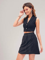 Women Black Studded Shawl Collar Crop Top With Mini Skirt-SFSETS95673XS