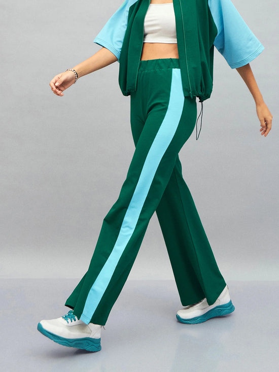 Women Green Knitted Contrast Side Tape Track Pants