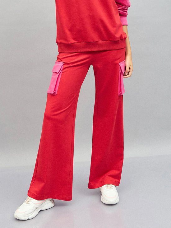 Women Red Knitted Contrast Pockets Track Pants