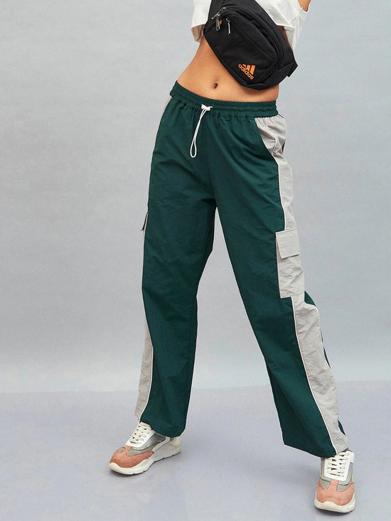 Women Green Colour Block Cargo Parachute Pants