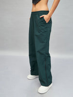 Women Green Out Seam Zipper Parachute Pants