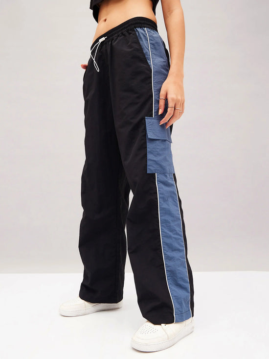 Women Black Colour Block Cargo Parachute Pants