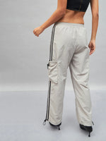 Women Light Grey Side Tape Cargo Parachute Pants