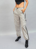 Women Light Grey Side Tape Cargo Parachute Pants